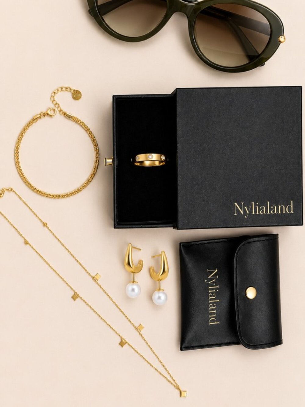 Nylialand Gold Pearl Jewelry & Olive Green Sunglasses Accessory Bundle - Picture 1 of 1